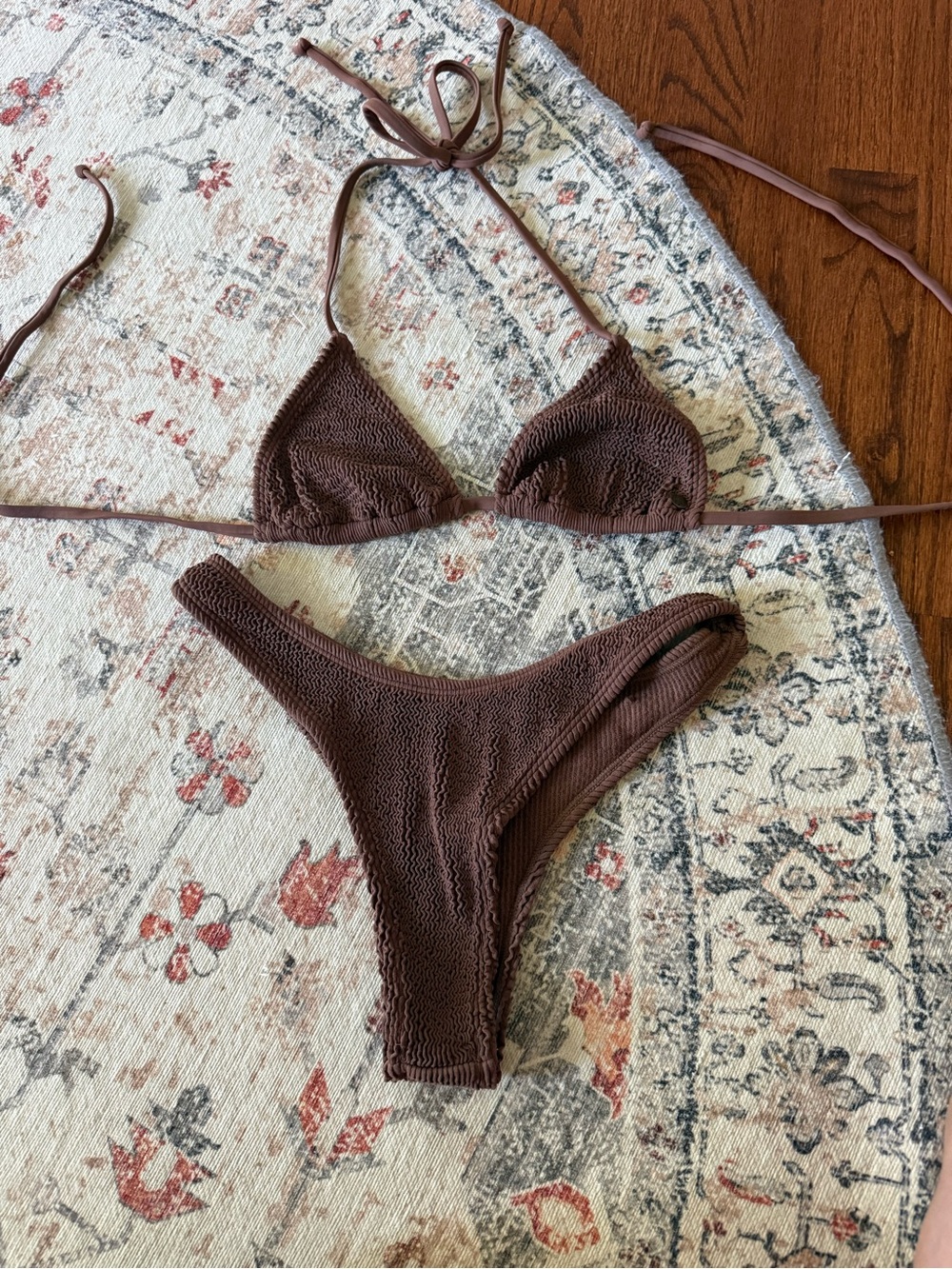 Textured Brown Crochet Triangle Bikini Set - Women Swim